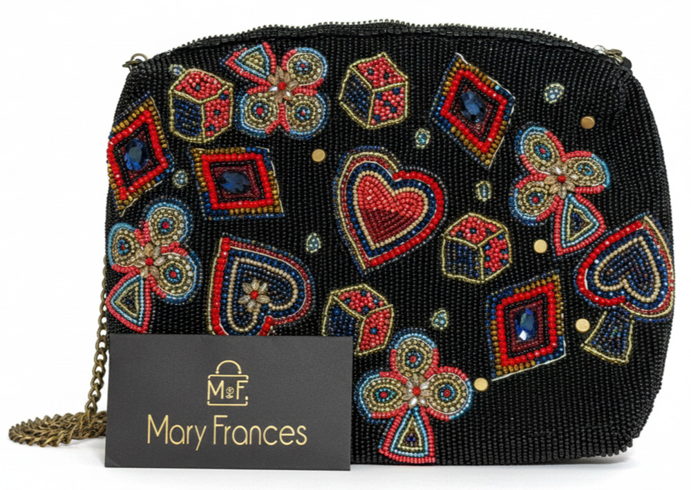 Mary Francis Well Suited Beaded Crossbody Purse Black Red Cards Suits Casino New
